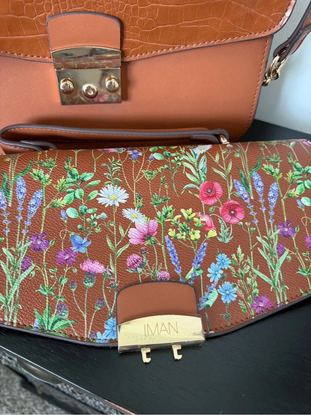 IMAN Convertible Satchel Handbag Crossbody - Brown Croc and Wildflower Flaps